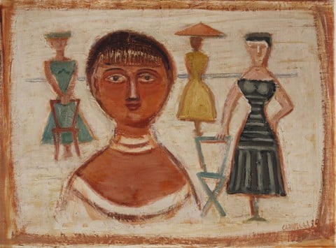 Massimo Campigli, Donne sulla spiaggia, 1950, olio su tela, cm. 41 x 55. Collezione Bonuccelli, Lido di Camaiore