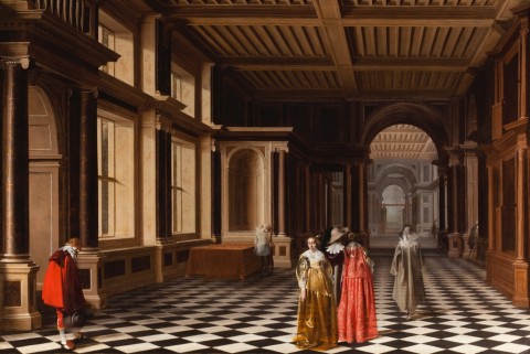Pieter W. van der Stock & Willem C. Duyster, Figure eleganti in una galleria con colonnato classico, 1632 - Courtesy Rafael Valls ltd, London