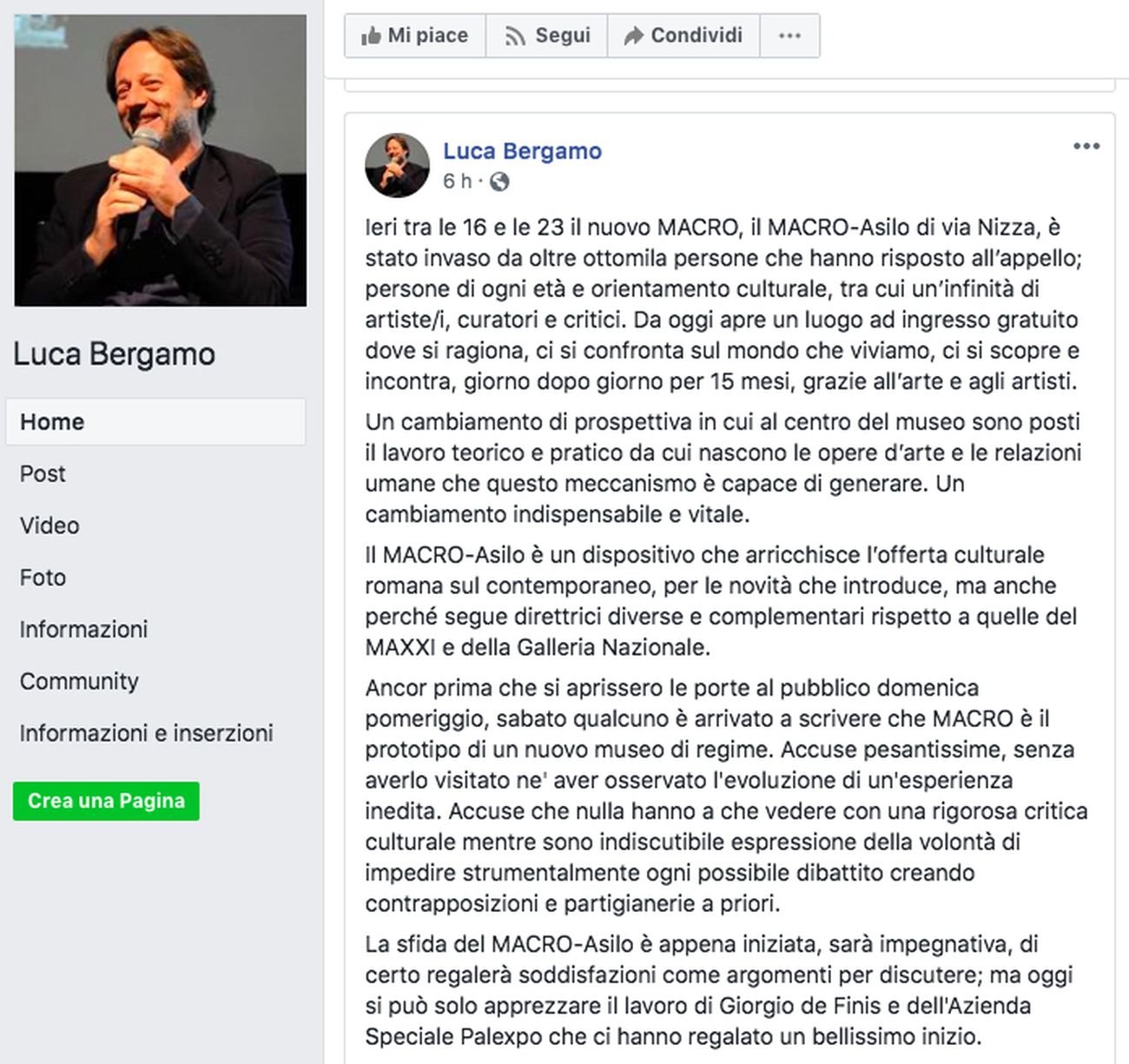 Il post di Luca Bergamo che tira in ballo le critiche di Artribune al Macro Asilo