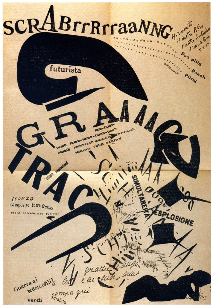 Filippo Tommaso Marinetti, Le soir, couchée dans son lit, elle relisait la lettre de son artilleur au front [1917], in Les mots en liberté futuristes, Milano, Edizioni futuriste di “Poesia”, 1919