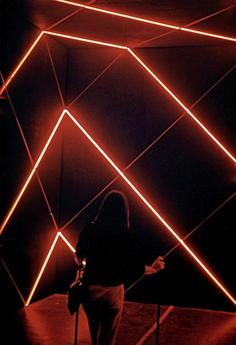 François Morellet, Cabane avec 2 trames 45° 135° de néons interférents, 1972. Centre National des arts plastiques, Parigi