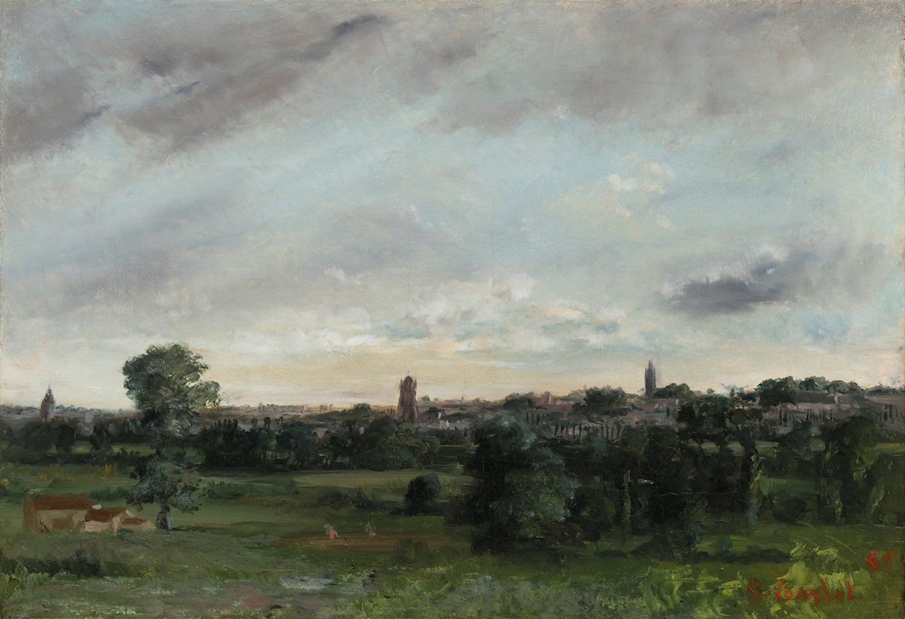 VIEW OF SAINTES, SEEN FROM LORMONT, GUSTAVE COURBET, Oil on canvas, 32 x 46 cm. Signed and dated lower right 'G. Courbet. 65’, 1862, PROVENANCE Etienne Baudry collection; His sale, Paris, Hôtel Drouot, Me Pillet, 23 April 1866, no. 7; Sale Paris, Hôtel Drouot, 8 May 1867, no. 13; Blanc collection, in 1878; Galerie Durand-Ruel, Paris, 11 March 1880; Courty collection; Gaston Delestre collection; Thence by descent