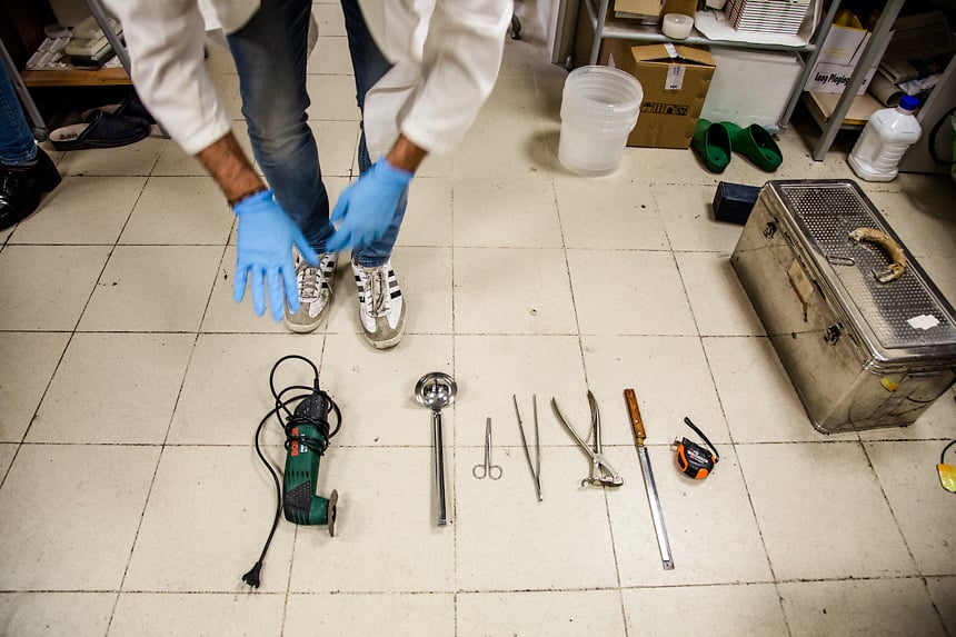 Max Hirzel, Migrant Bodies Daniele Daricello, autopsy techinician of Palermo Policlinico Hospital, with his tools