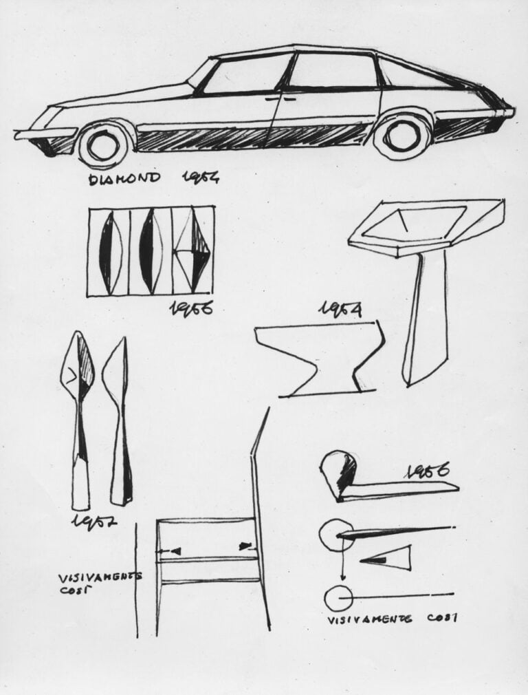 Un disegno di Ponti che raccoglie esempi di “Linea Diamante”, dall’automobile alle piastrelle, dalle posate alle sedie, dalle maniglie ai sanitari © Gio Ponti Archives