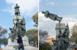 Una "lingua di Menelicche" lanciata da mani ignote, abbatte la statua di Francesco Crispi (dal video di fare Ala per il progetto realizzato con Wu Ming 2. Manifesta 12, Palermo)