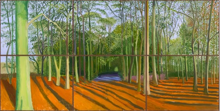 David Hockney, "Woldgate Woods, 6 - 9 November 2006", Oil on 6 canvases (36 x 48" each) 72 x 144" overall © David Hockney. Photo Credit: Richard Schmidt