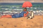 Moses Levy, Donna con ombrellino e cane sulla spiaggia, 1921. Collezione privata