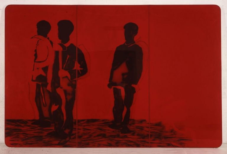 Mario Schifano, Compagni compagni, 1968, smalto e spray su tela e perspex, 200x300 cm. Collezione privata