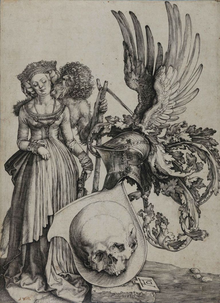 Albrecht Dürer, La donna, il Tempo e lo scudo della Morte, incisione a bulino, 216x158 mm. Collezione Remondini