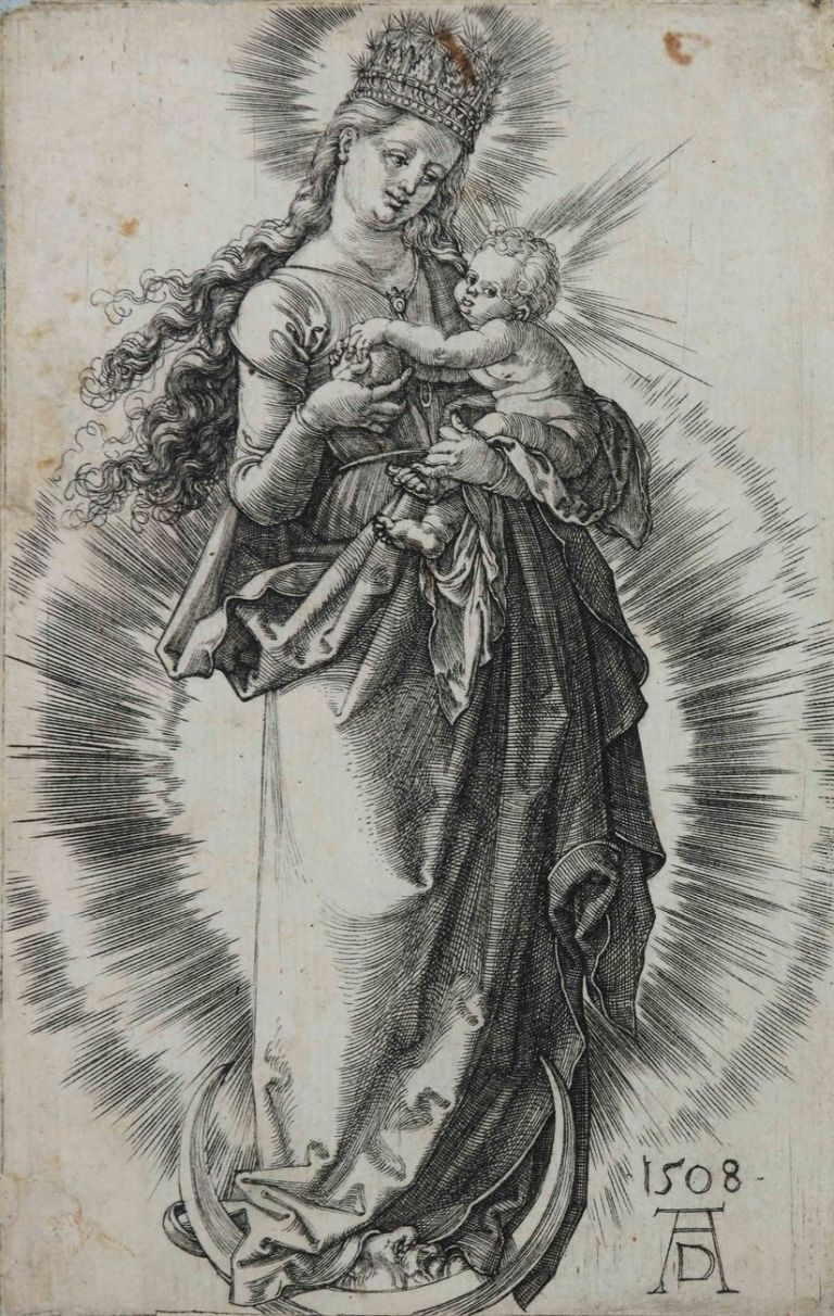 Albrecht Dürer, Madonna coronata, incisione a bulino, 116x76 mm. Collezione Remondini