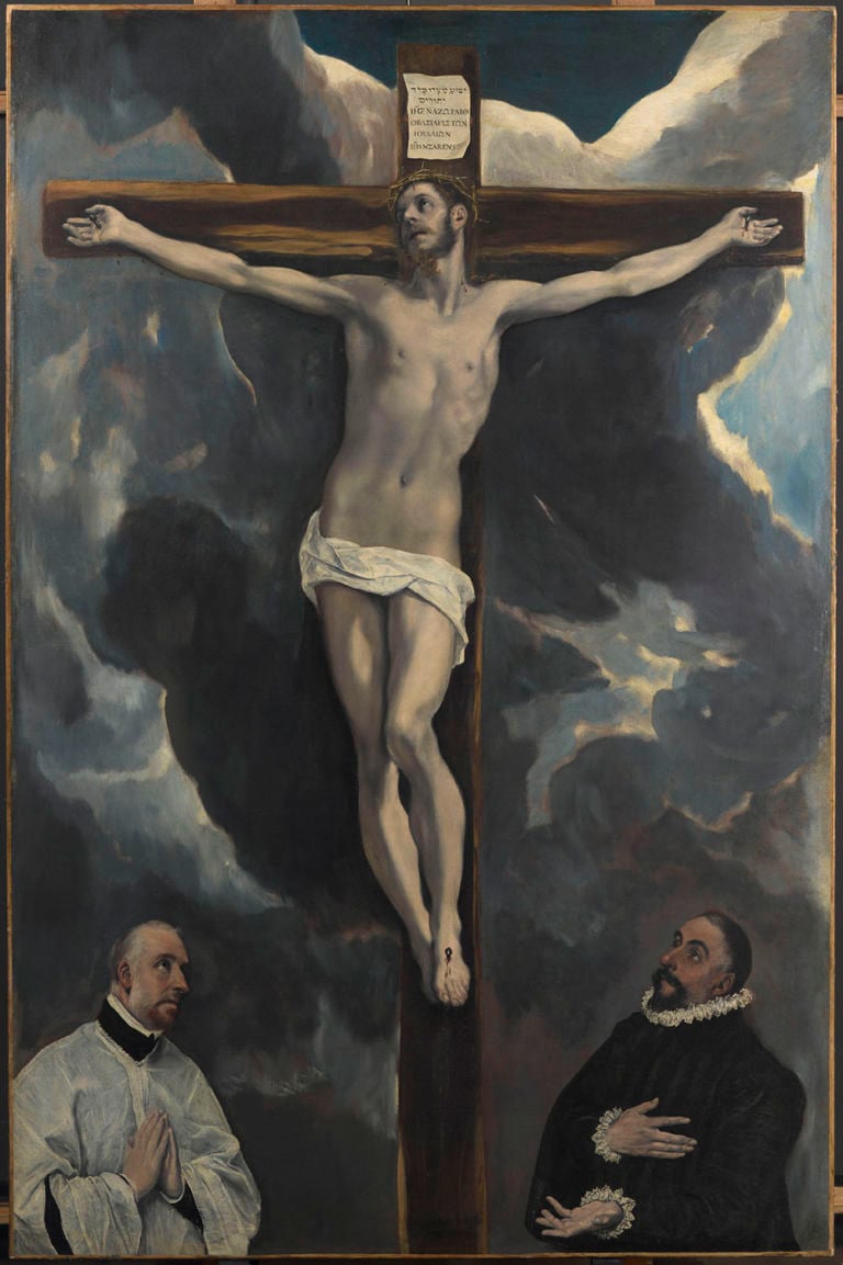 El Greco, Cristo in croce adorato da due donatori, 1595, olio su tela, 260 × 171 cm. Paris, musée du Louvre, département des Peintures. Photo © RMN-Grand Palais (musée du Louvre) /Tony Querrec