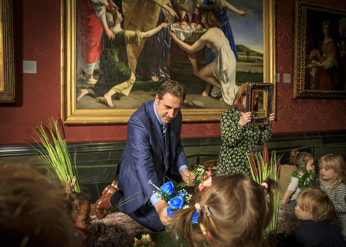 National Gallery Director, Dr Gabriele Finaldi, launching the #SaveOrazio Appeal by hosting a The Finding of Moses storytelling session with a group of children from the Soho Family Centre. Photo © The National Gallery, London