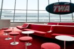 The Sunken Lounge at the TWA Hotel features its original Chili Pepper Red carpet and authentic penny tile. Photo credits TWA Hotel – David Mitchell