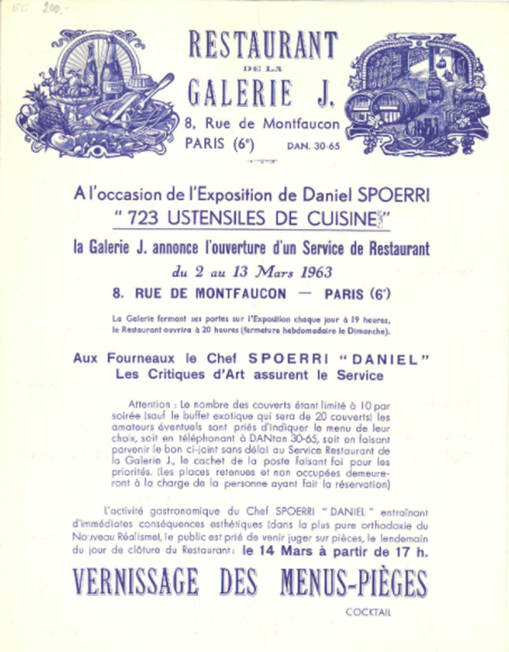 Daniel Spoerri, invitation-menu. Restaurant de la Galerie J. Paris, Galerie J, Parigi 1963. Archiv der Avantgarden, Staatliche Kunstsammlungen, Dresda © VG Bild-Kunst, Bonn