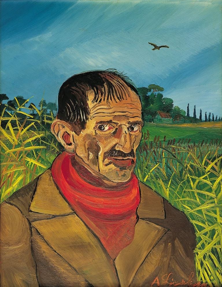 Antonio Ligabue, Autoritratto con sciarpa rossa, 1958, olio su faesite, 75x59