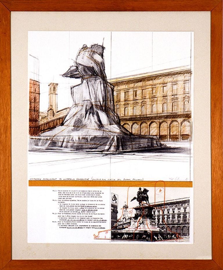 Christo, Wrapped Monument to Vittorio Emanuele (Project for Milano Piazza del Duomo), 1969 1970, tecnica mista su cartone, 71x55,5 cm. Collezione Alt, Bergamo