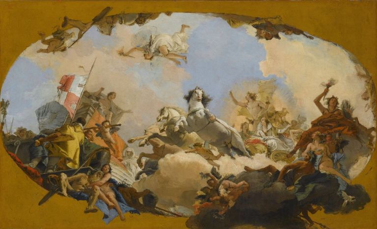 Giambattista Tiepolo, Apollo conduce al Genio germanico la sposa Beatrice di Burgundia, 1751, olio su tela, 65,3x106,5 cm. Stoccarda, Staatsgalerie © 2020. Foto Scala, Firenze-bpk, Bildagentur fuer Kunst, Kultur und Geschichte, Berlin