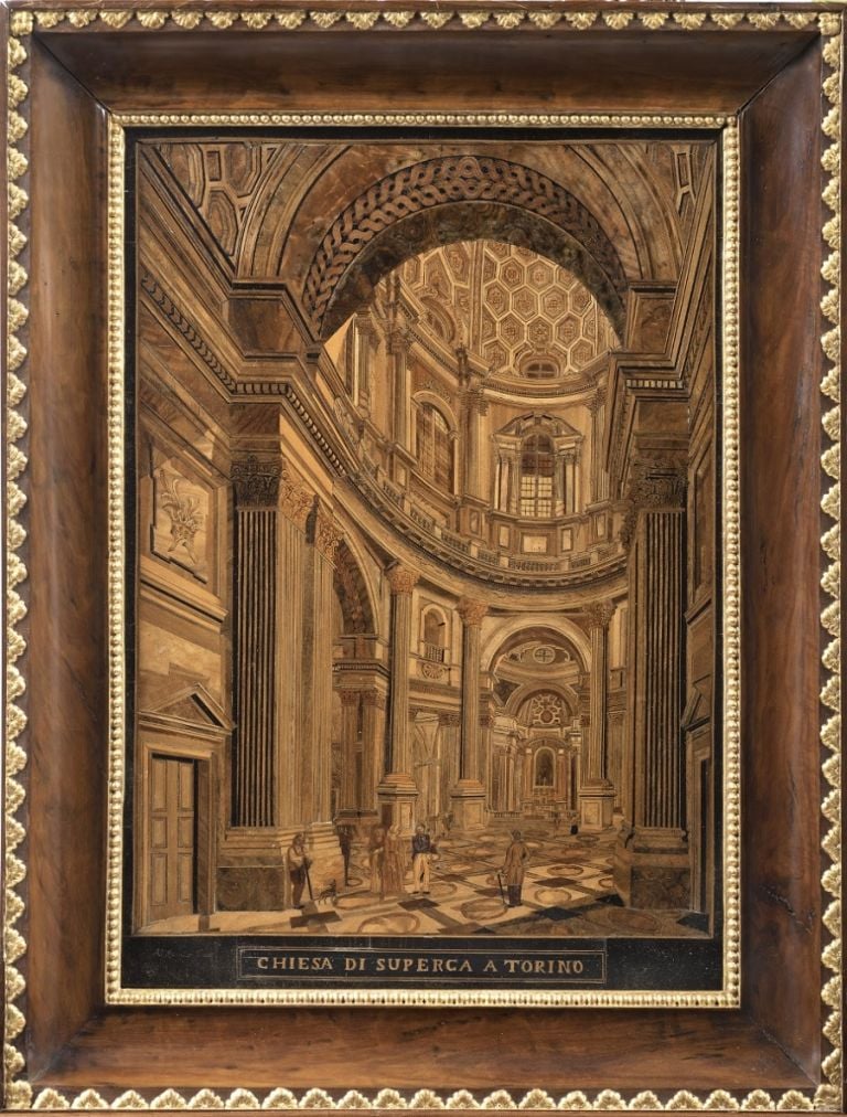 Antonio Bonadè, Quadro a tarsia in legni vari, a doppia faccia, raffigurante l’interno della Basilica di Superga, 1830 35, courtesy Galleria Benappi, Torino