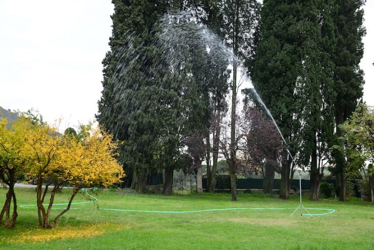 Giovanni Termini, Sulla circonferenza, 2020, irrigatore, acqua e ombrello da pastore, installazione. Photo Michele Alberto Sereni