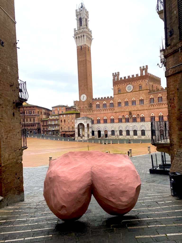La scultura a forma di sedere a Piazza del Campo a Siena - Foto Facebook Goliardi Senesi