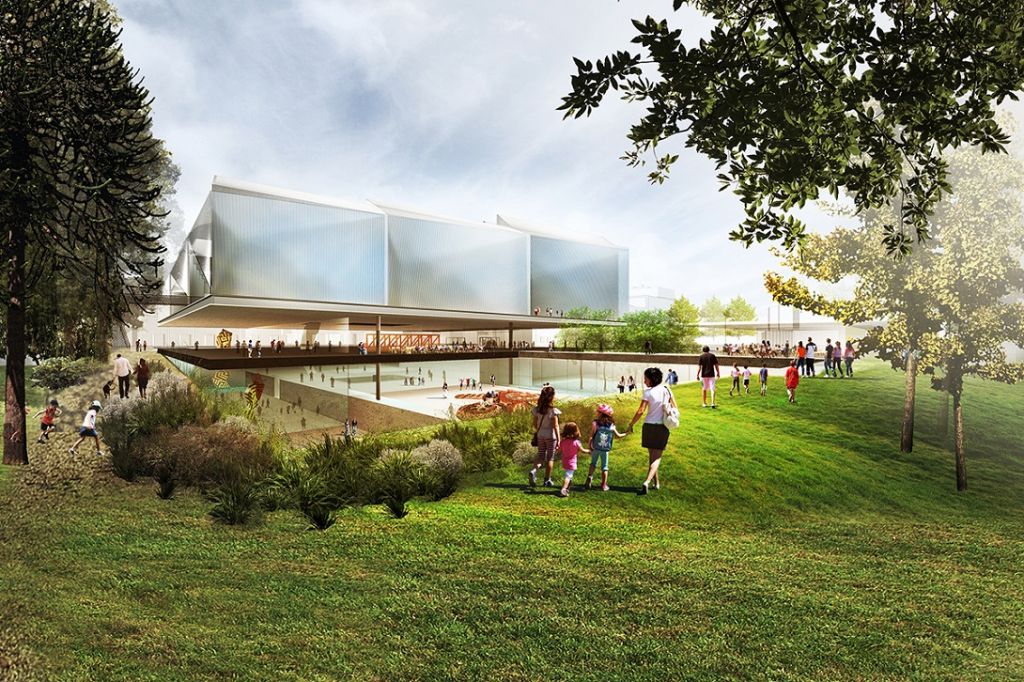 Un rendering dell’esterno del futuro dell’Aboriginal Art and Cultures Center Courtesy. Woods Bagot e Diller Scofidio + Renfro