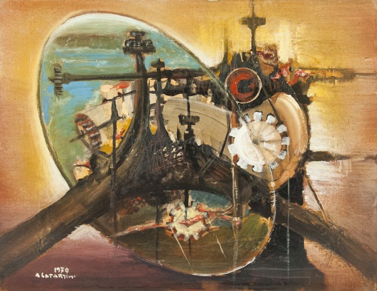 A. Catarsini, Simbolismo meccanico, olio su tela, 1970