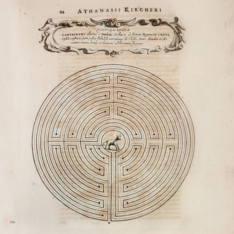 Athanasius Kircher, Ricostruzione del Labirinto di Creta. Tavola tratta da Turris Babel, sive Archontologia qua Primo Priscorum post diluvium hominum vita, mores rerumque gestarum magnitudo..., Amsterdam, 1679, Milano, Biblioteca Trivulziana