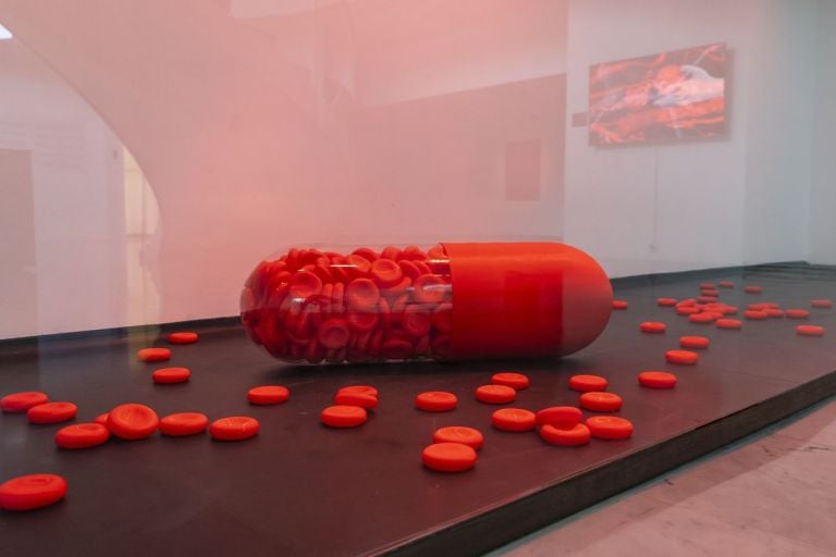 Shu Lea Cheang, Red Pill, 2021, 3D printed sculpture of a capsule, glass and plastique, 3D printed blood cells, Musée des Arts Asiatiques, Nice 2021. Photo © Olivier Anrigo