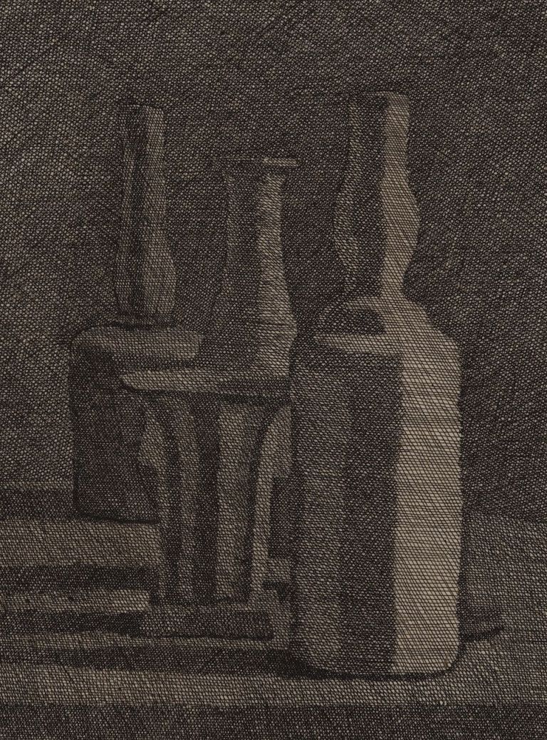 Giorgio Morandi, Natura morta con vasetto e tre bottiglie, 1945-46, acquaforte
