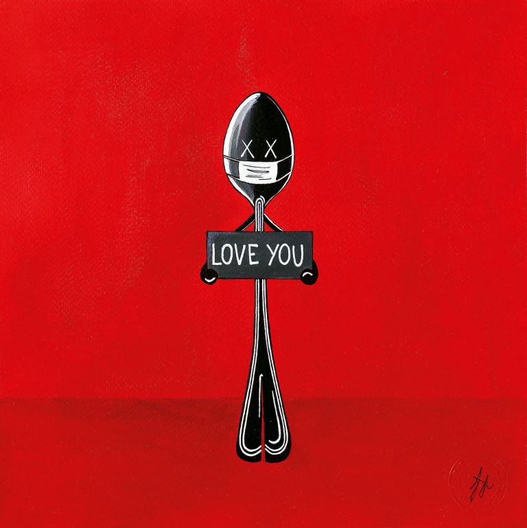 Simone D’Auria, Mr Spoon Love You, acrilico su cartoncino, 30x30 cm