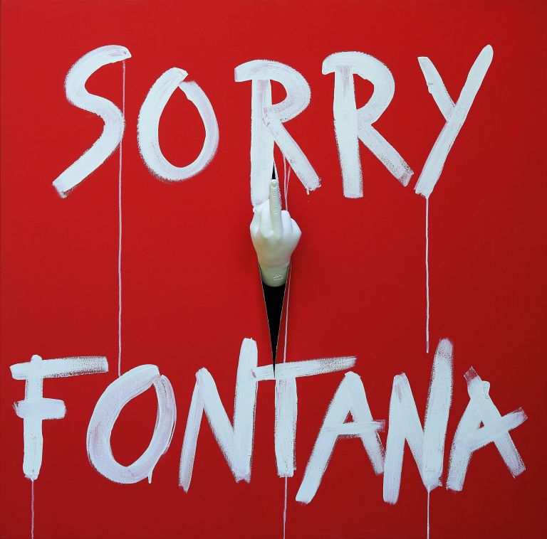 Simone D’Auria, Sorry Fontana, (rosso) acrilico su tela, 100x100 cm