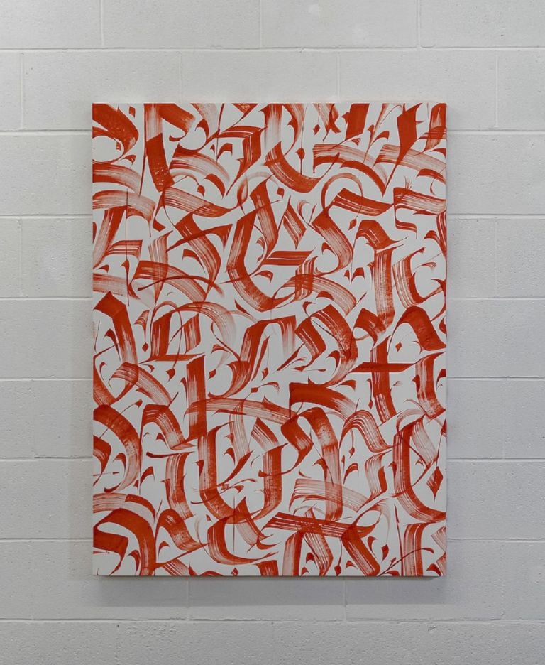 Luca Barcellona, Alfabeto Fraktur rosso, 2021, acrylic on canvas, 100x150 cm