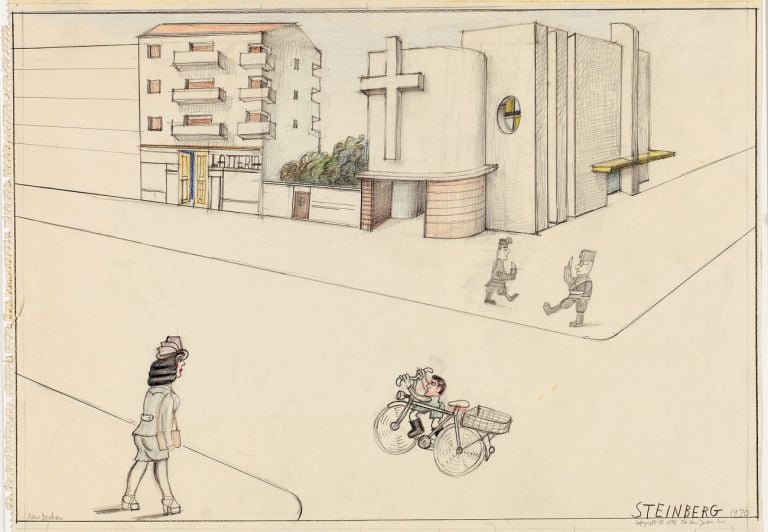 Saul Steinberg, Via Ampere 1936, 1970, matita e matite colorate su carta. Pubblicato in origine su The New Yorker, 7 ottobre 1974. Su gentile concessione MIC - Biblioteca Nazionale Braidense, Milano © The Saul Steinberg Foundation/Artists Rights Society (ARS) New York