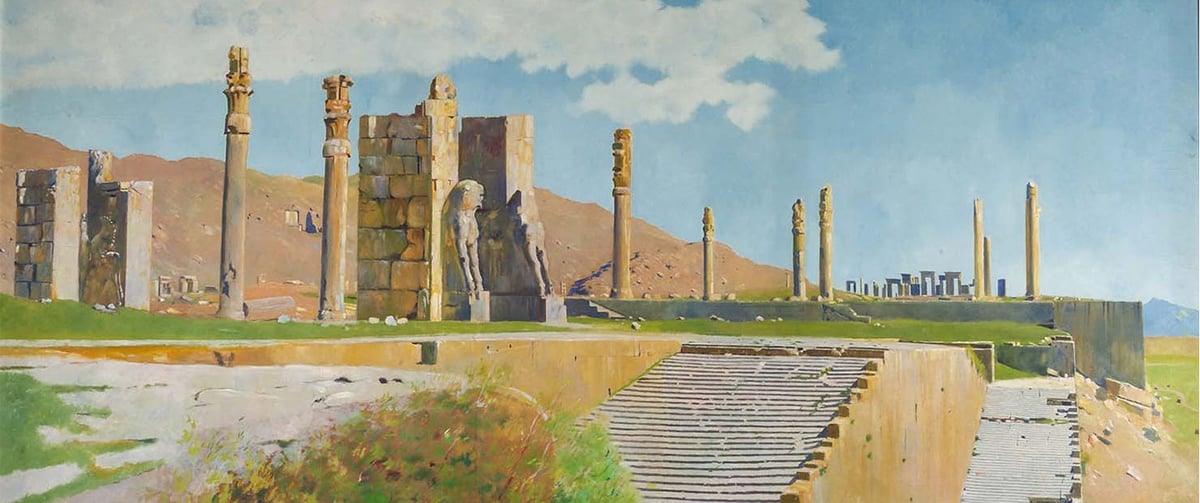 Joseph Lindon Smith, Veduta della terrazza monumentale e della Porta di tutte le Terre, Persepoli, Iran, olio su tela, 1935. Credits Oriental Institute, Chicago