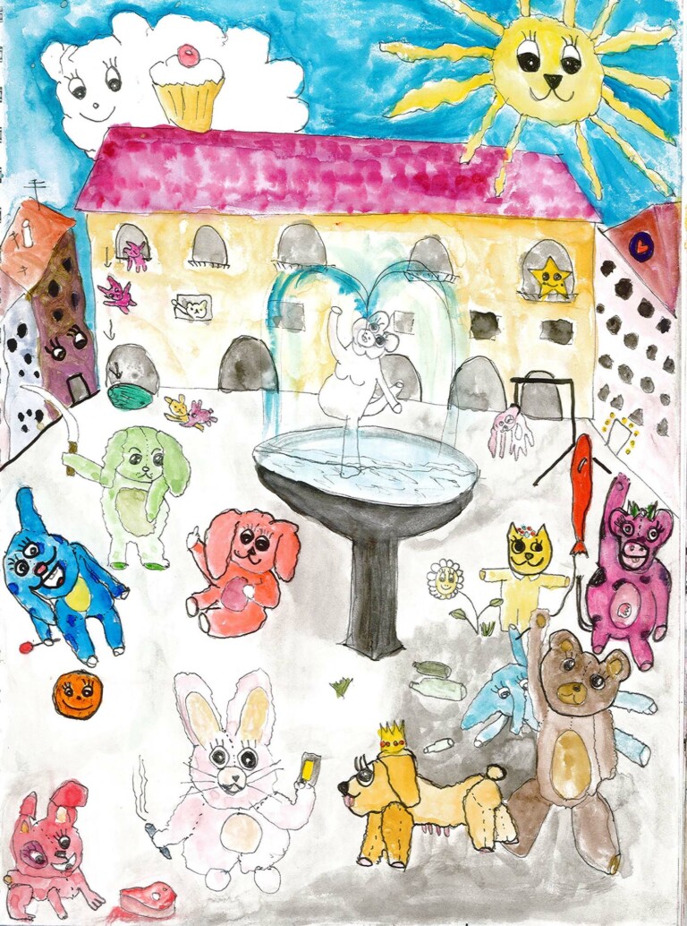 La città dei peluches, dal Mostrario di Yuval Avital, (2021). Locandina del takeover in programma presso Fondazione I teatri di Reggio Emilia. ©Yuval Avital 2021, La città dei peluches, Watercolor and ink on paper 22x30cm, picture courtesy of the artist