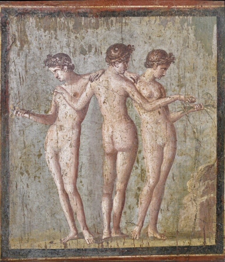 Le Tre Grazie, Pompei, VI, 17, 31 o 36 Insula Occidentalis, Masseria di Cuomo – Irace, I secolo d.C. – IV stile, affresco, 57 x 53 cm. MANN, inv. 9231