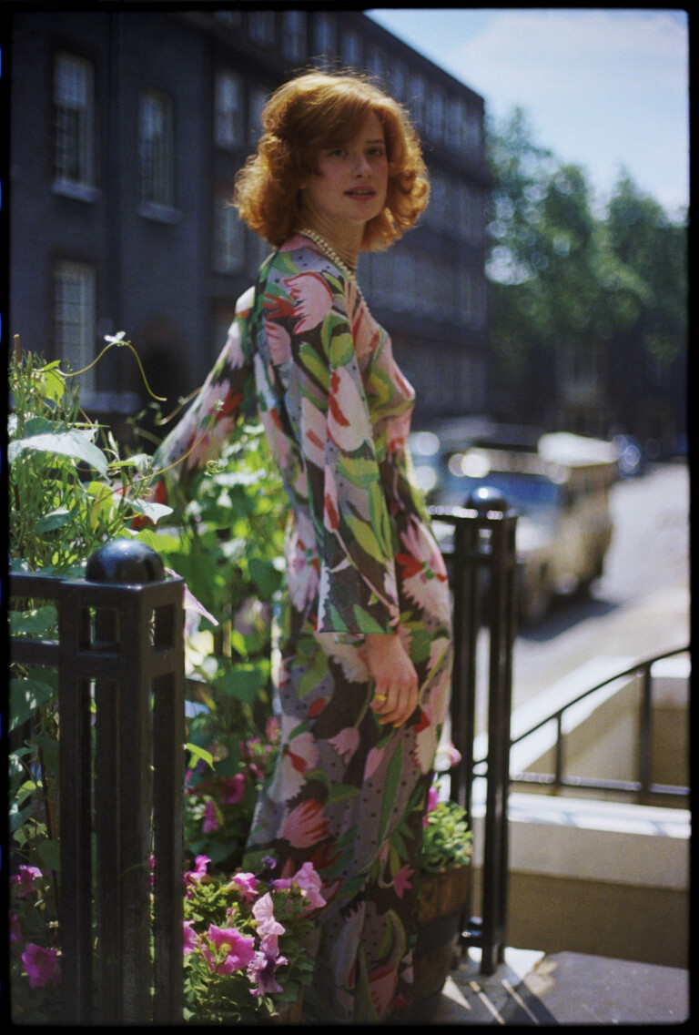 Nicky Waymouth wearing the Tulips print dress, 1972. Courtesy photo by Peter Schlesinger