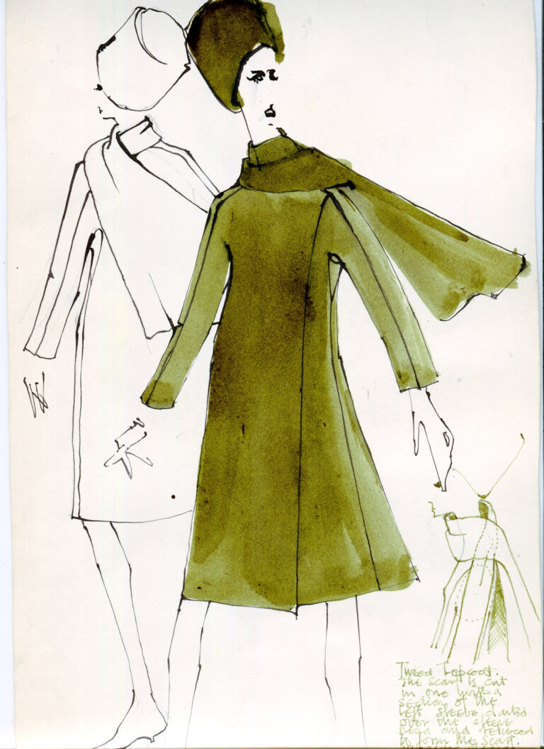 Ossie Clark, Pen and ink fashion drawing, design for top coat, 1960's