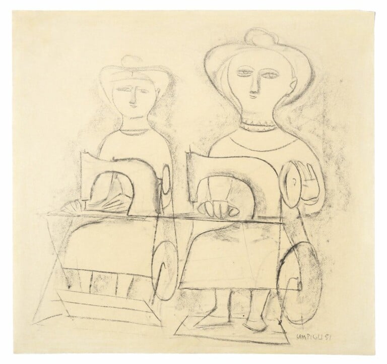 Massimo Campigli, Senza titolo (Donne che cuciono), 1951, Carboncino su carta, 49 x 51.5 cm, Courtesy Collezione Ramo, Milano, Presso la galleria Gregor Staiger