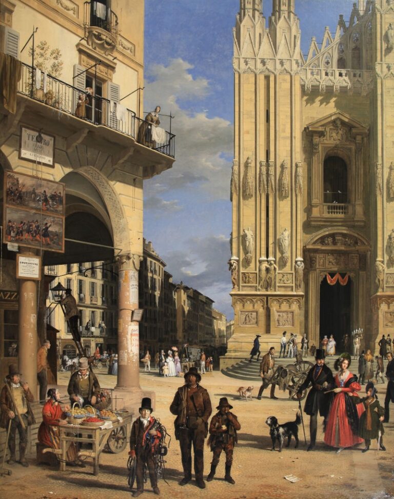 Angelo Inganni, Veduta di Piazza del Duomo con il Coperto dei Figini, 1839, olio su tela, 176 x 138 cm, Collezione privata