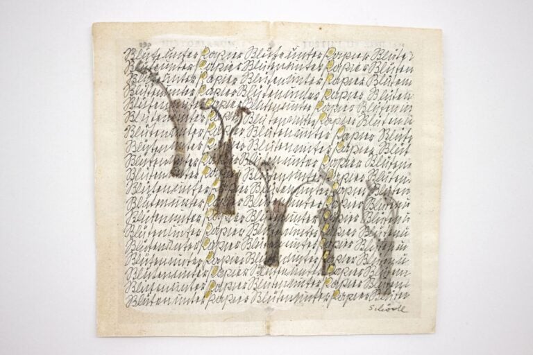 Senza titolo (Serie SCRITTURE), 1980s. Antique book page, rice paper, black India ink, gold leaf