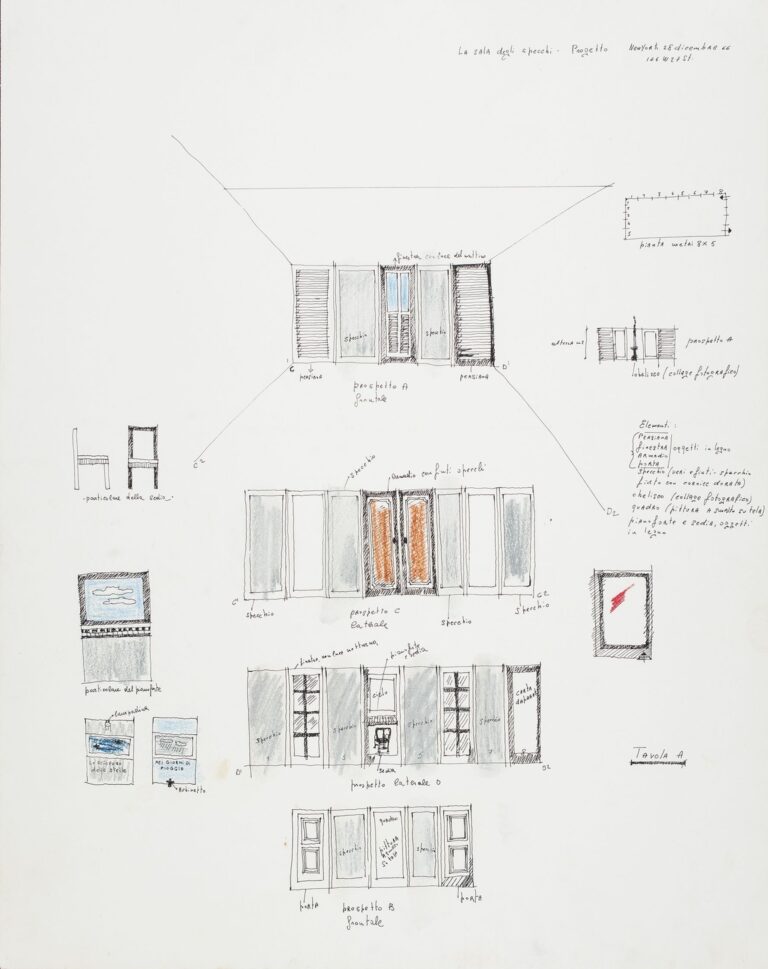 Tano Festa, La sala degli specchi Progetto (New York 28 dicembre 1966), 1966, courtesy Archivio Tano Festa, Eredi Festa e Galleria Il Ponte, Firenze