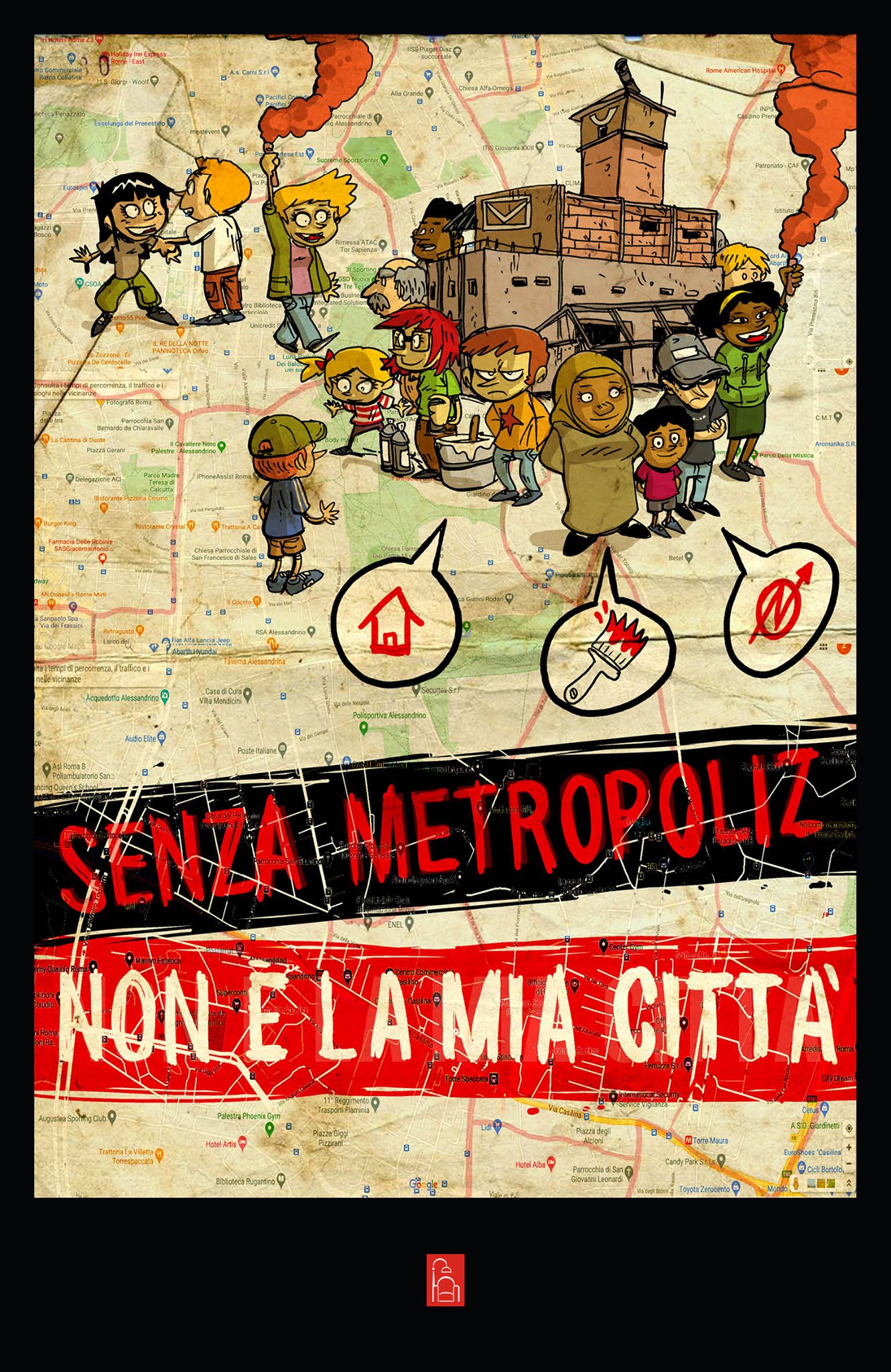 La copertina disegnata da Zerocalcare per il libro AA.VV. Senza Metropoliz non è la Kia città, a cura di G. de Finis e I. Di Noto, Bordeaux Edizioni, 2020