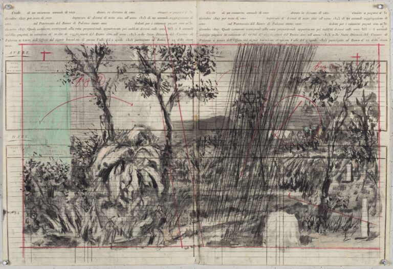 William Kentridge, Chiesa di San Francesco Saverio, Palermo Cash Book Drawing III, 2023. Indian ink, Charcoal, Coloured pencil and Pastel on found paper, 52 × 76,8 cm. Courtesy Galleria Lia Rumma