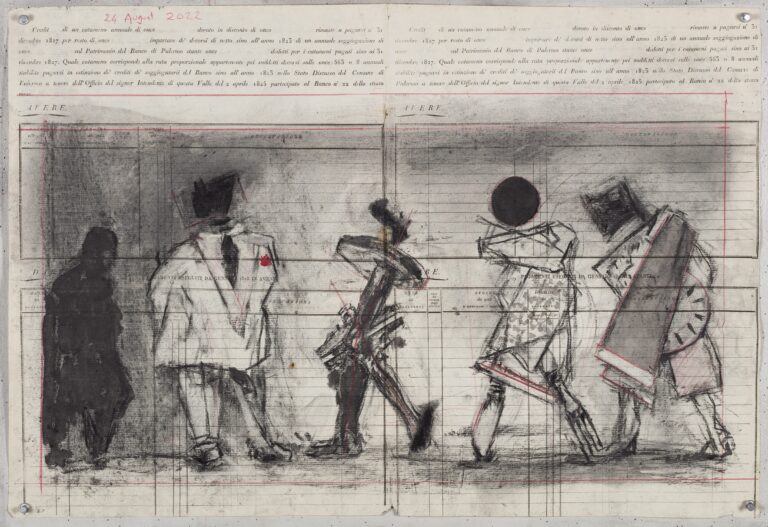 William Kentridge, Chiesa di San Francesco Saverio, Palermo Cash Book Drawing V, 2023. Indian ink, Charcoal and Coloured pencil on found paper, 52 × 76,8 cm. Courtesy Galleria Lia Rumma