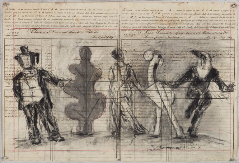 William Kentridge, Chiesa di San Francesco Saverio, Palermo Cash Book Drawing VII, 2023. Indian ink, Charcoal and Coloured pencil on found paper, 52 × 76,8 cm. Courtesy Galleria Lia Rumma