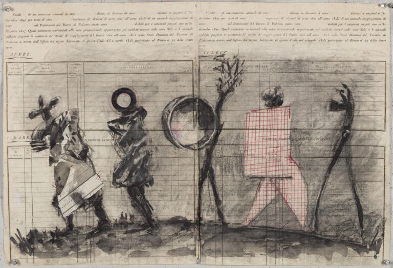 William Kentridge, Chiesa di San Francesco Saverio, Palermo Cash Book Drawing VIII, 2023. Indian ink, Charcoal, Coloured pencil and Collage on found paper, 52 × 76,8 cm. Courtesy Galleria Lia Rumma