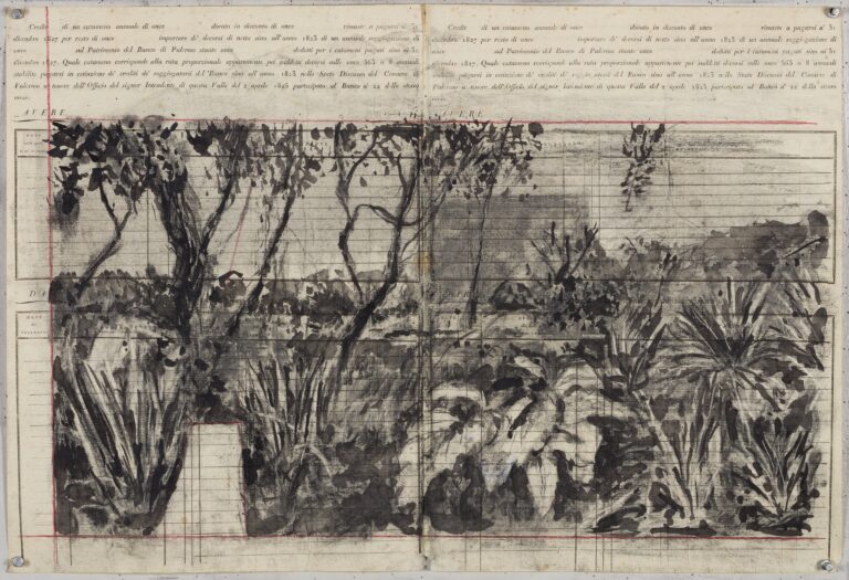 William Kentridge, Chiesa di San Francesco Saverio, Palermo Cash Book Drawing XI, 2023. Indian ink, Charcoal and Coloured pencil on found paper, 52 × 76,8 cm. Courtesy Galleria Lia Rumma