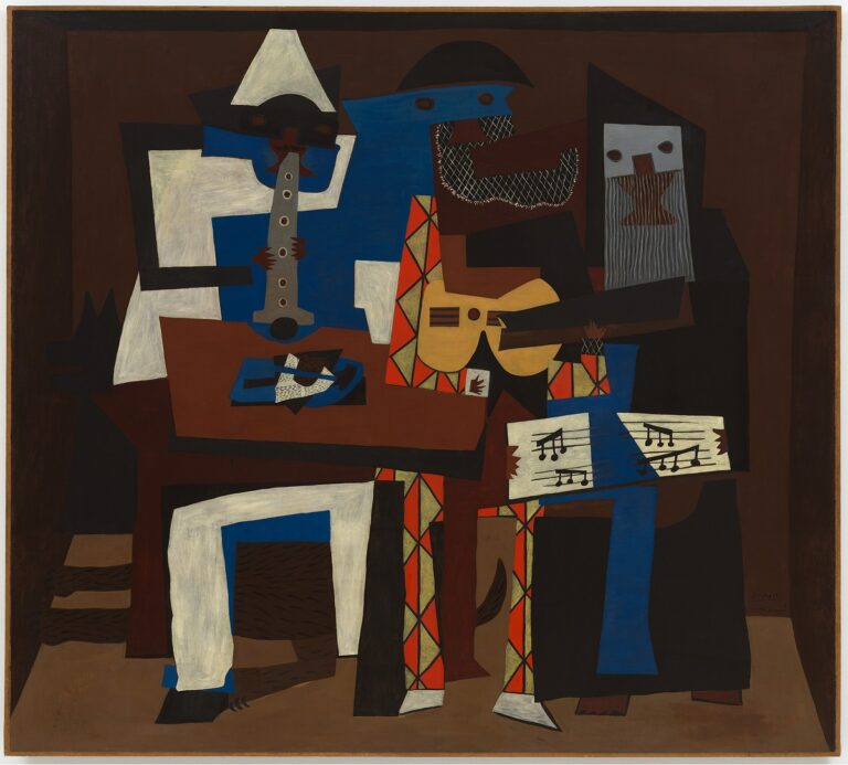 Pablo Picasso, Three Musicians, Fontainebleau, summer 1921. The Museum of Modern Art, New York. Mrs. Simon Guggenheim Fund © 2023 Estate of Pablo Picasso - Artists Rights Society (ARS), New York