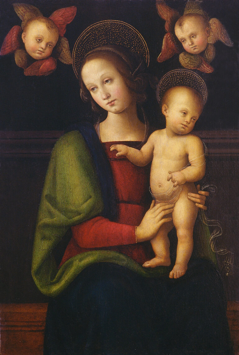 Pietro Vannucci, bekannt als Perugino, Madonna mit Kind und zwei Putten, ca. 1496.  Sammlungen der Perugia-Stiftung.  Credits der Perugia-Stiftung.  Foto Sandro Bellu
